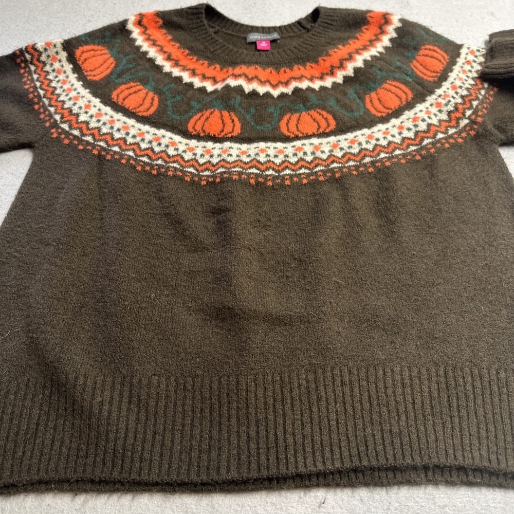 Vince Camuto Pumpkin Fall Fair Isle Crewneck Sweater Brown Size Medium Cottage - Picture 5 of 7